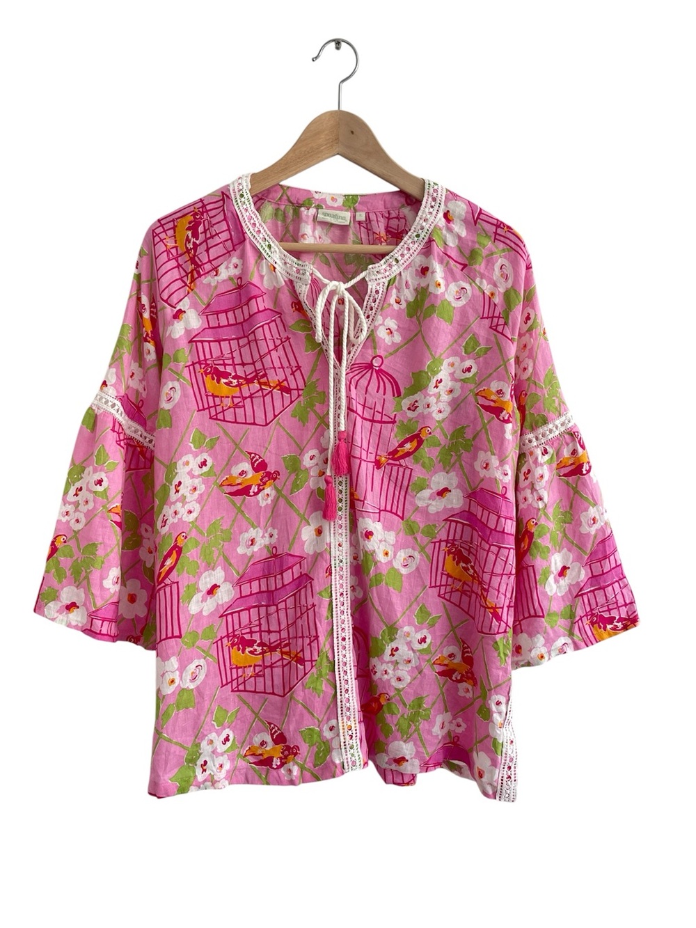 Spartina 449 Linen Wren Top Pink Size L Birds Floral Beach Resort Cruise Preppy